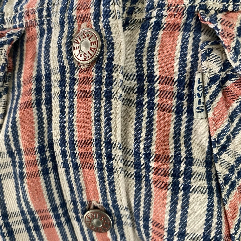 Levi's Crop Western Shirt Women's Medium Plaid Pink Cowboy Stretch Distressed - Picture 11 of 13